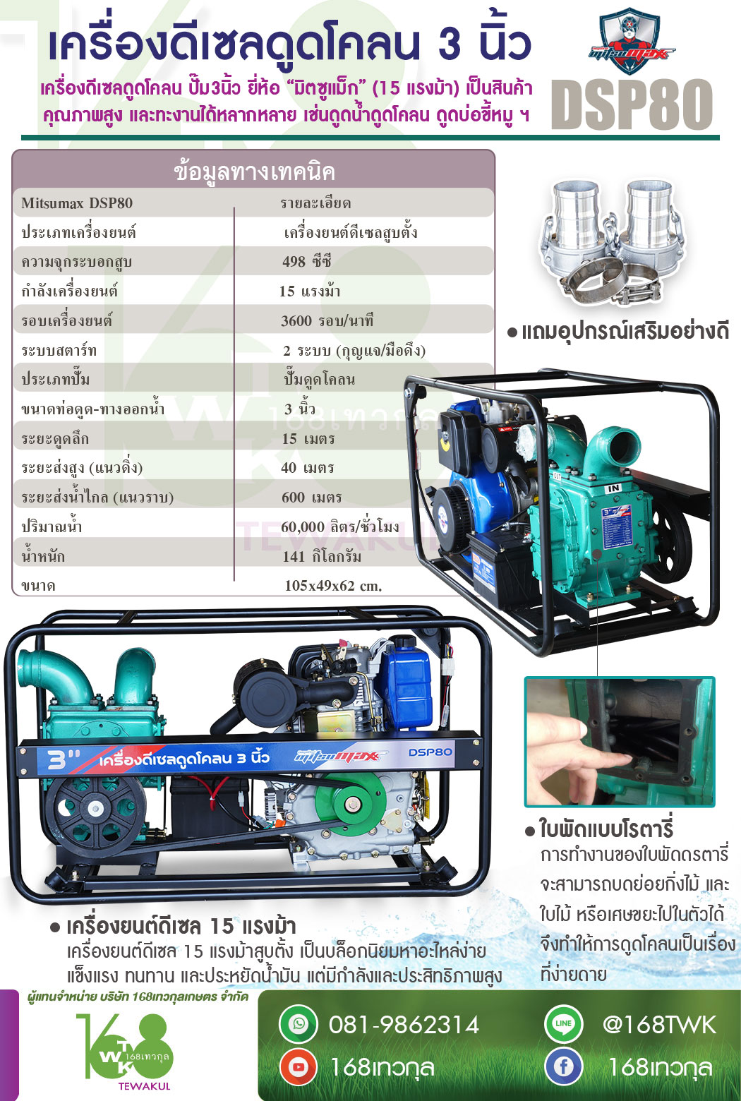 เครื่องดูดโคลนดีเซลปั๊มโรตารี่ Mitsumax รุ่น DSP80