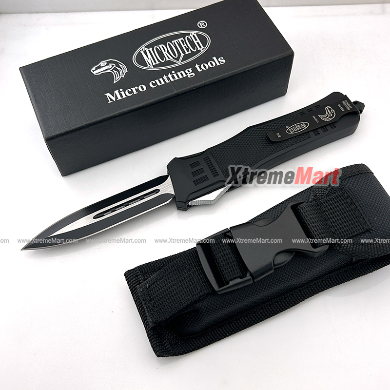 มีดสปริงตรง คม 2 ด้าน Microtech Combat Troodon ขนาดใหญ่ คลิปสีดำ 00556 D/E Automatic Knife Camping Tool (Dual Front)