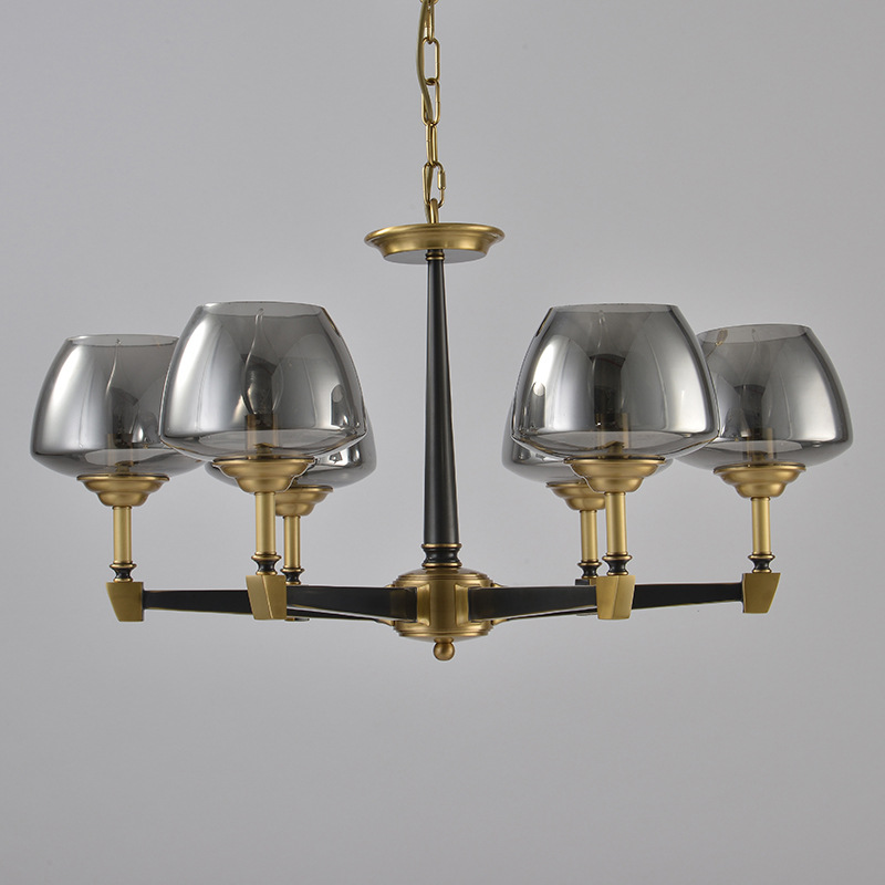 โคมไฟระย้าสไตล์วินเทจ luxury retro 6 ดวง โป๊ะแก้วสีเทารมควัน [GC628]