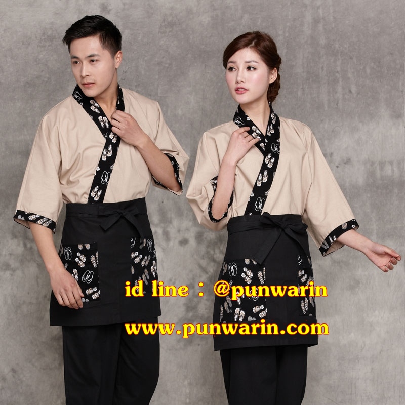 ชุดผ้าฝ้ายซูชิกิโมโนสไตร์ญี่ปุ่น สำหรับห้องอาหารญี่ปุ่นเกาหลี เสื้อพนักงานต้อนรับ เสื้อพนักงานเสริฟ เสื้อพนักงานโรงแรม เสื้อพนักงานร้านอาหาร F6101007 เบจ M-2XL