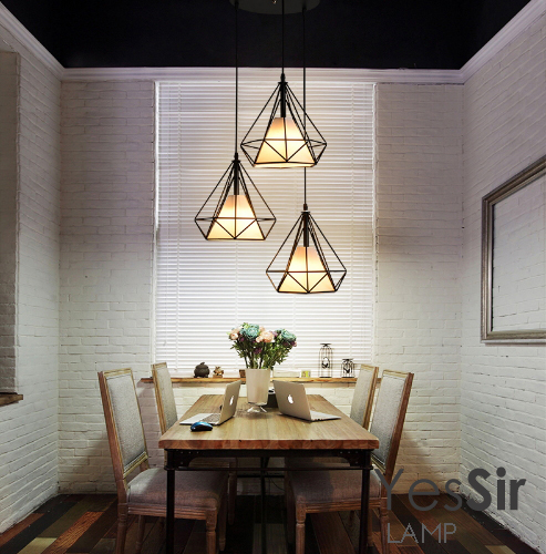 โคมไฟห้อยเพดานเหล็กดัด อเมริกัน โมเดิร์น ทรงเพชร สีดำ