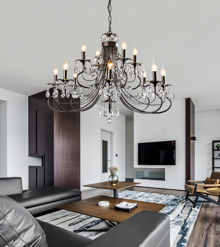 โคมไฟระย้าเหล็กดัดสีดำดวงไฟลายแท่งเทียนตกแต่งคริสตัลสไตล์อเมริกันโมเดิร์น [XD1176]