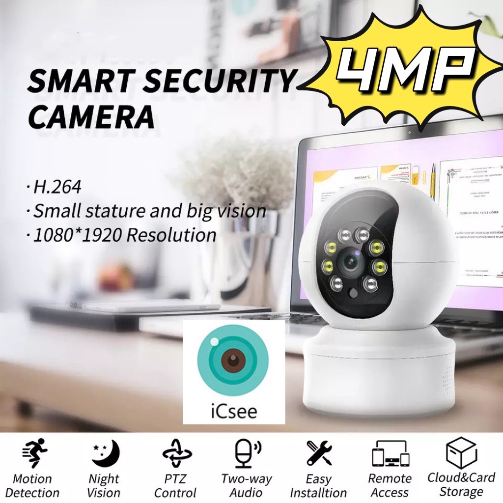 4MP ICsee WIFI ขนาดเล็กสำหรับกล้องกล้องวงจรปิดการเฝ้าระวังวิดีโอ2เสียงแบบไร้สายในร่มกล้องการมองเห็นได้ในเวลากลางคืน