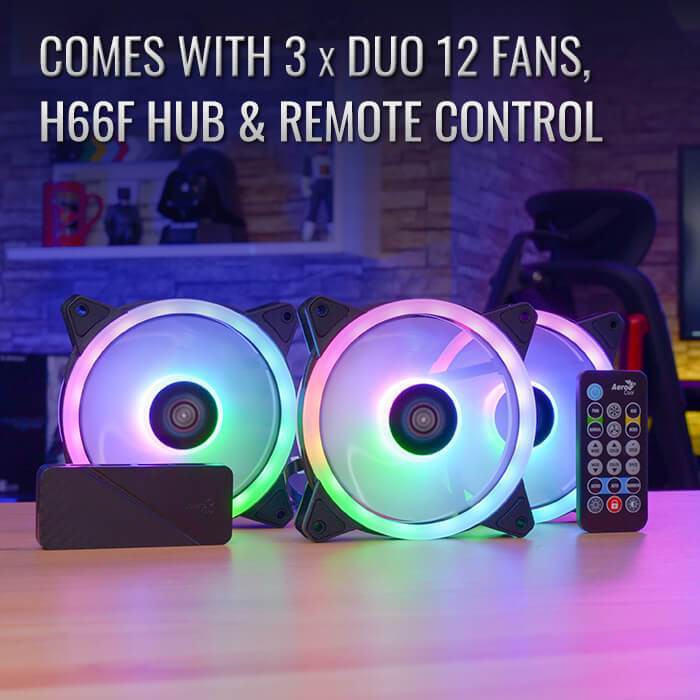 FAN CASE AeroCool Duo 12 Pro 12CM ARGB FANS x 3 | H66F HUB x 1 | REMOTE CONTROL x 1 #พัดลมระบายความร้อน