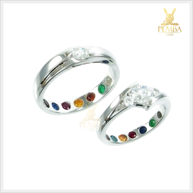 แหวนเพชรCZคู่ Ring of Love ฝังพลอยนพเก้าแท้ เงินแท้ ชุบทองคำขาว