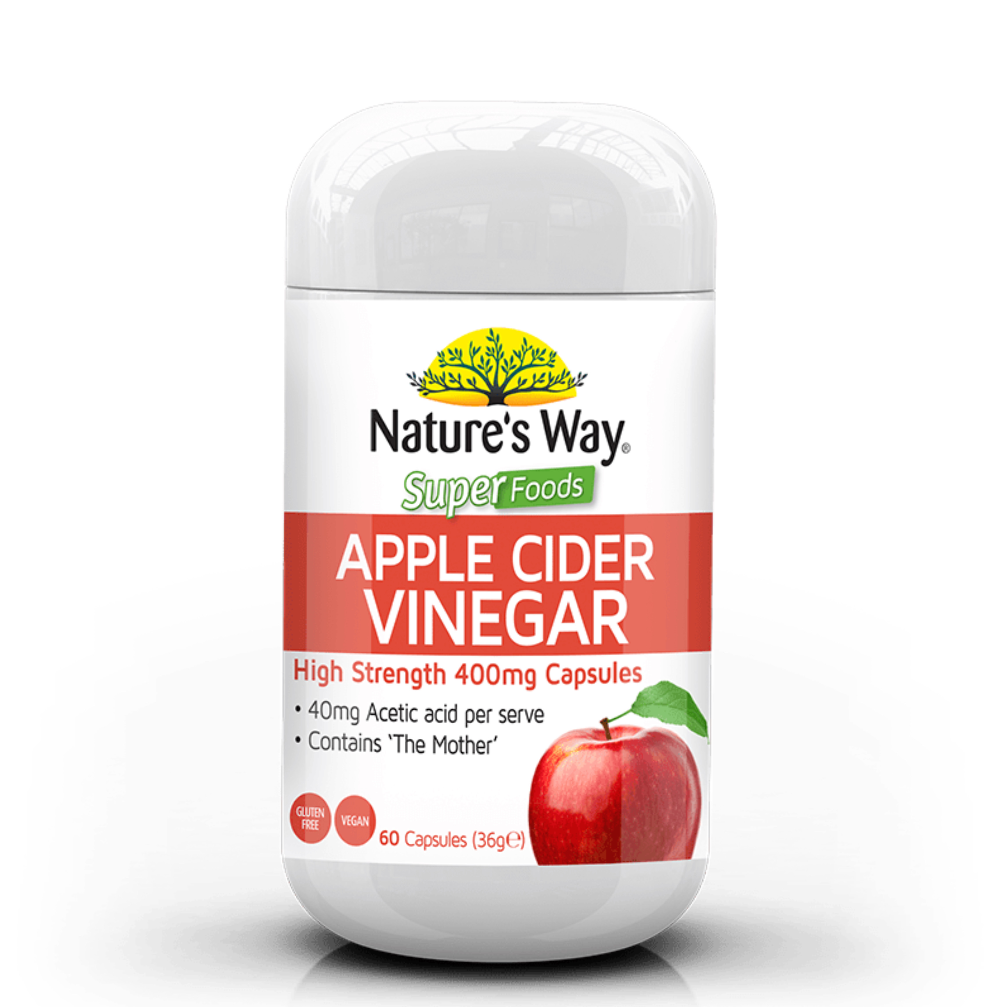 แอปเปิ้ลไซเดอร์เข้มข้นชนิดแคปซูล Nature's Way Super Foods Apple Cider Vinegar High Strength 400mg