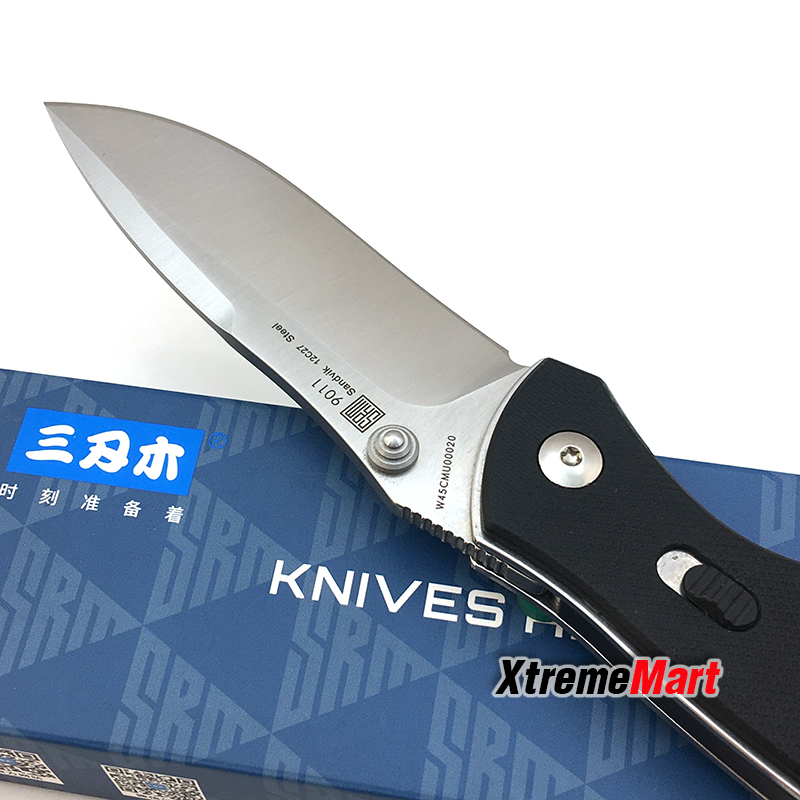 มีดพับ SANRENMU 9011 / SRM-9011 ใบมีดสแตนเลส 12c27 ใบเงินเรียบ ด้ามจับ G10 สีดำ