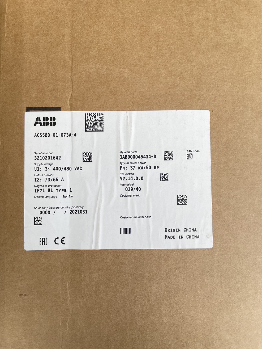 ABB INVERTER ACS580 MODEL:ACS580-01-073A-4+J400(50hp 37kw)Input 3-Phase 380V Output 3-Phase 380V