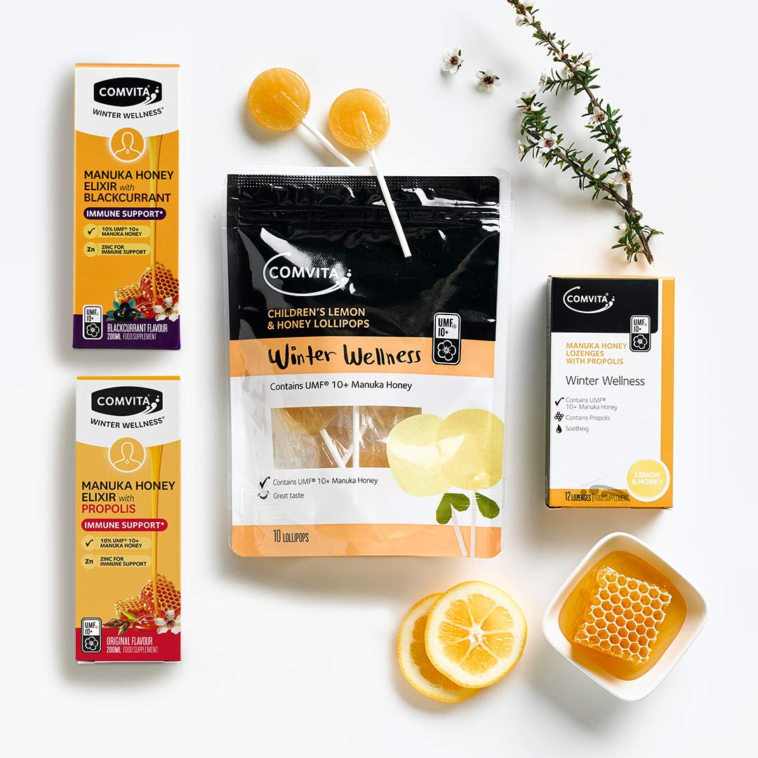อมยิ้มเสริมภูมิคุ้มกันสำหรับเด็ก COMVITA Winter Wellness Children's Lemon & Honey Lollipops