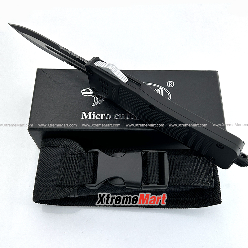 มีดสปริงตรง Microtech รุ่นใหญ่ คม 2 ด้าน กึ่งหยัก คลิปดำ 00556 D/E Automatic Knife Camping Tool