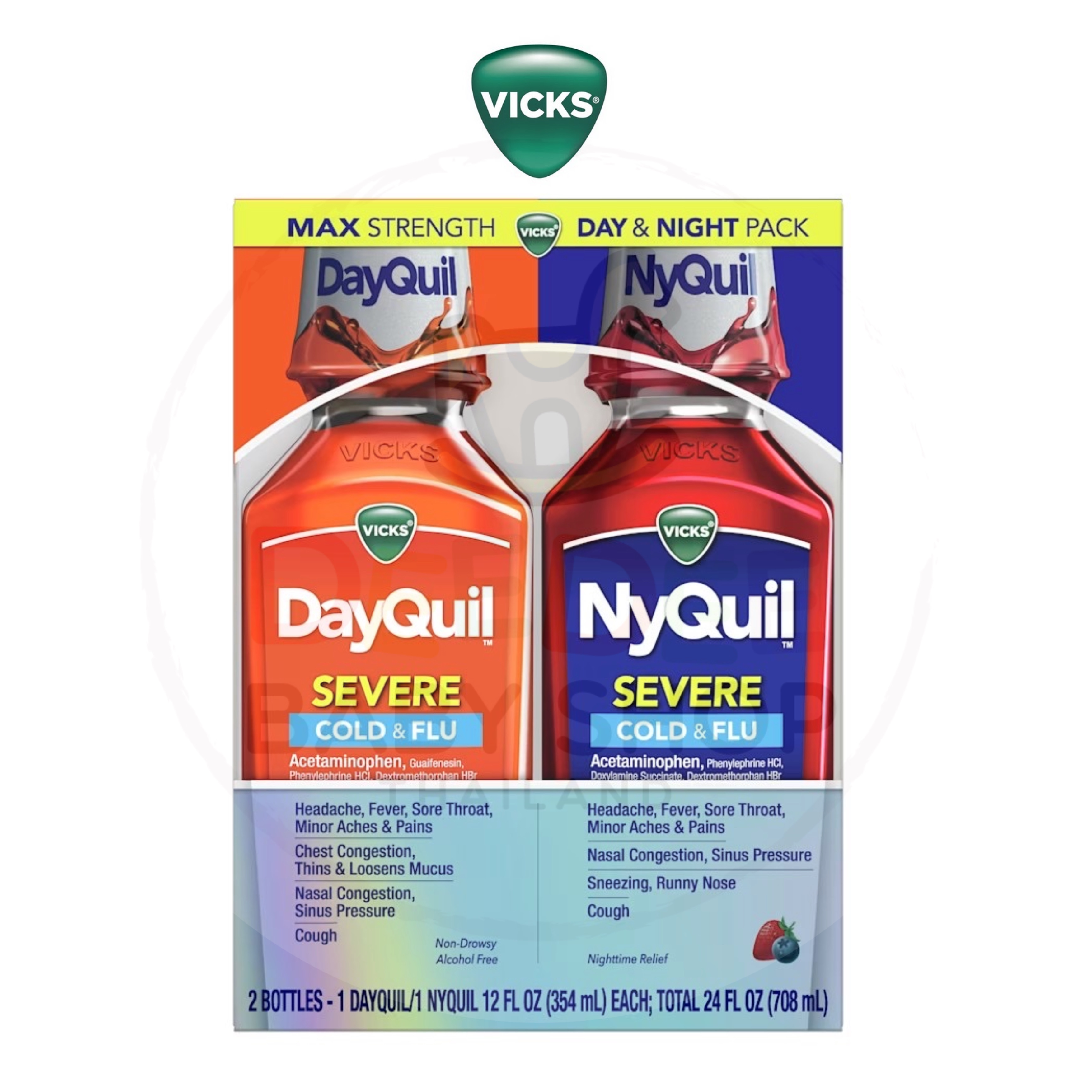 ยาบรรเทาอาการหวัดและไข้หวัดสูตรเข้มข้นชนิดน้้ำ Vicks DayQuil & NyQuil SEVERE Cold & Flu Relief Max Strength Liquid (Total 24 FL. OZ.)