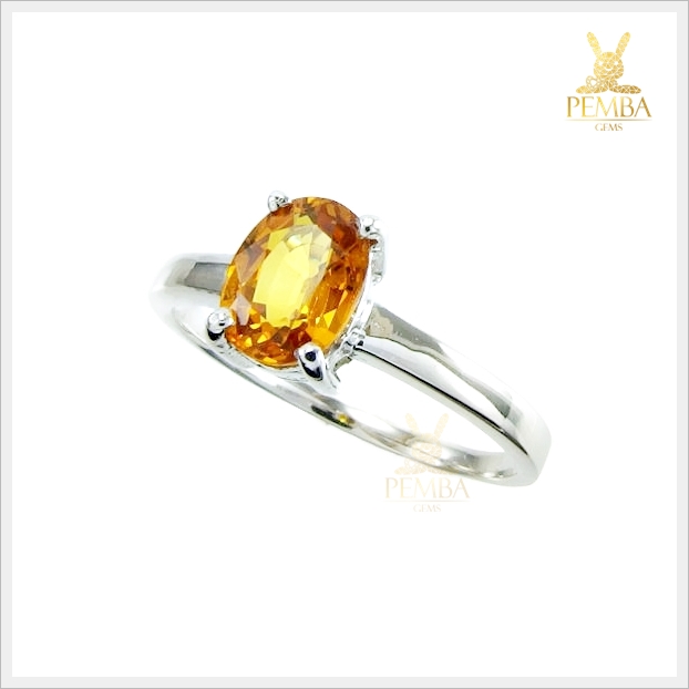 แหวนบุษราคัมแท้ สีเหลืองน้ำทองสวยใส เงินแท้ ชุบทองคำขาว แหวนพลอยแท้