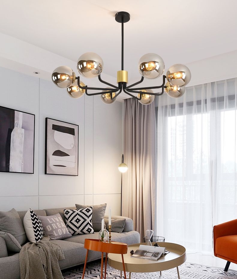 โคมไฟระย้าเหล็กโป๊ะโคมแก้วทรงกลมสีชาสไตล์โมเดิร์น [QDH-9121]