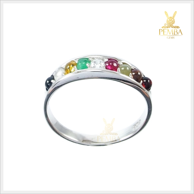 แหวนนพเก้า ตามตำราโบราณ เงินแท้925 ชุบทองคำขาว แหวนพลอยแท้