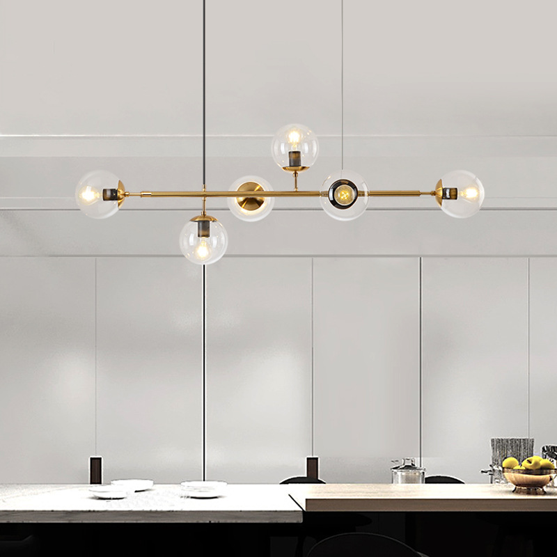 โคมไฟแขวนเพดาน Modern Luxury โป๊ะโคมแก้วทรงกลม 6 ดวง โครงสีทอง [LJ-6362]