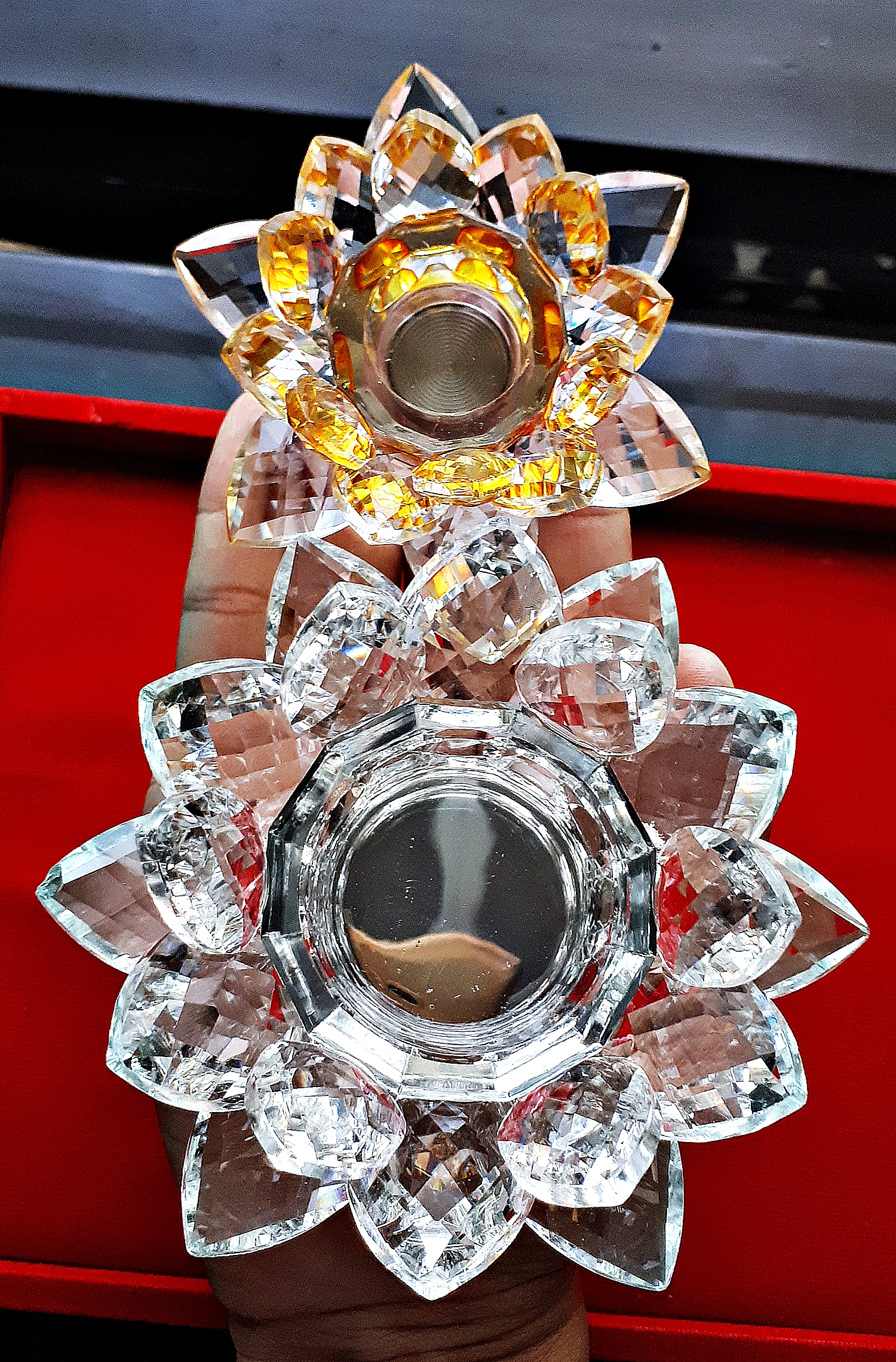 ฐานวางลูกแล้ว ขาตั้งที่วางลูกแก้ว ฐานคริสตัลกลีบดอกบัว2ชั้น คละสีต่างๆ หลากสี หลายขนาด (ขายปลีก ขายส่ง)