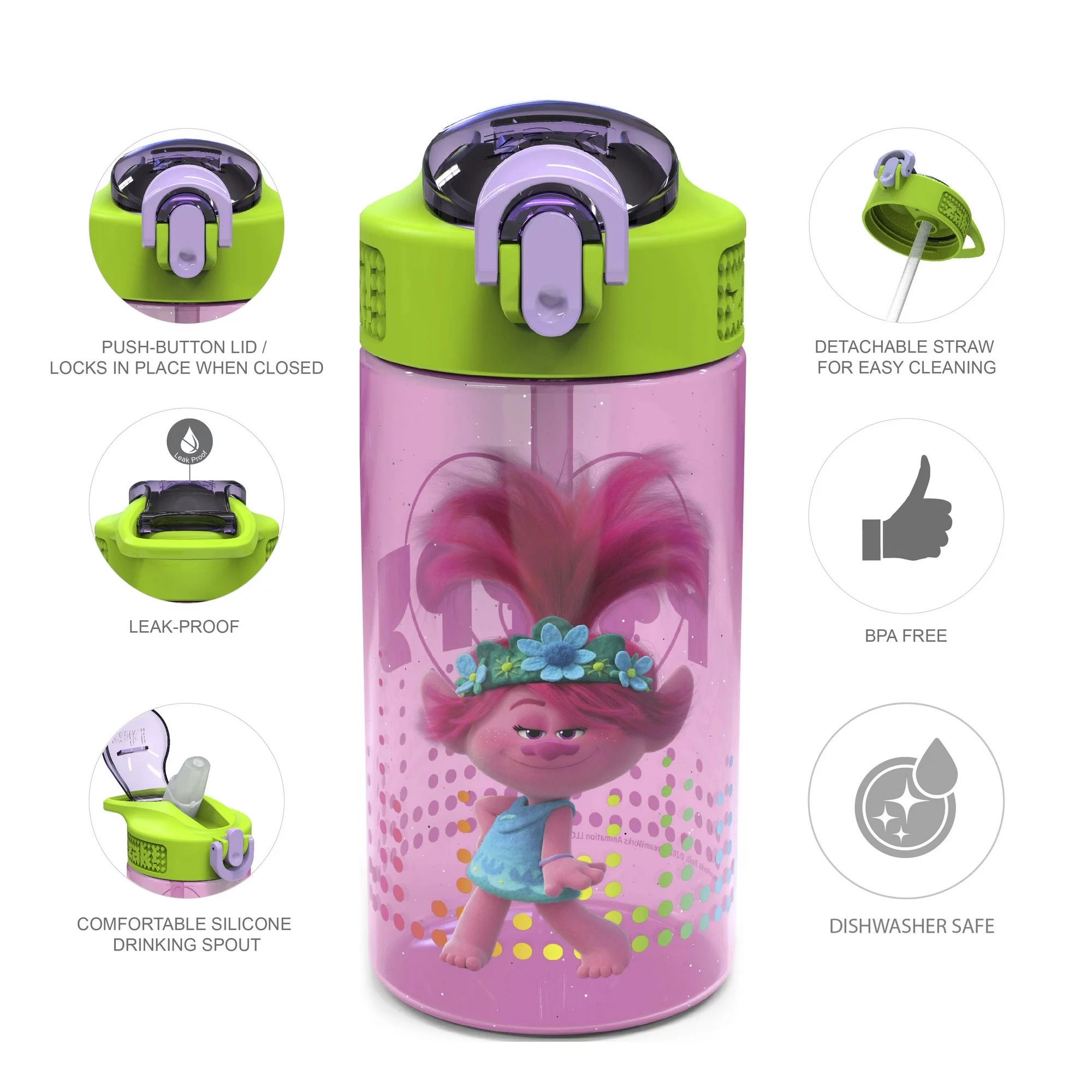 กระติกน้ำพร้อมหลอดดื่มสำหรับเด็ก Zak! Trolls 16 Oz. Reusable Water Bottle with Straw