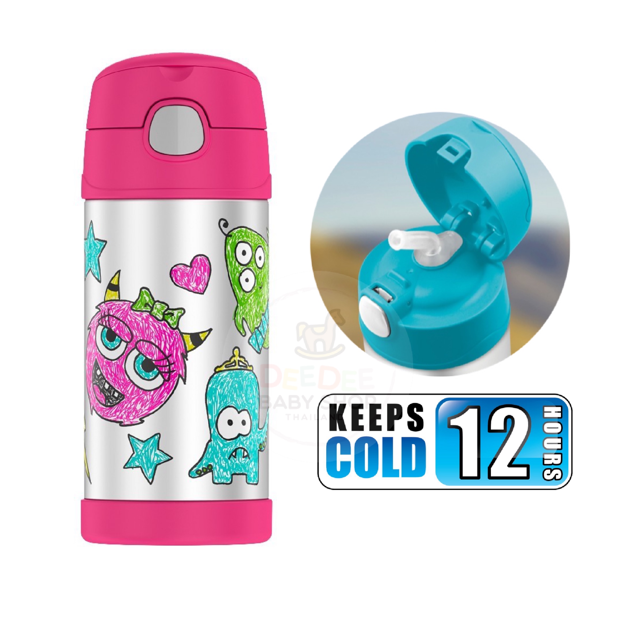 กระติกน้ำสเตนเลสรักษาอุณหภูมิ Thermos Wacky Face Monsters FUNtainer Vacuum Insulated Stainless Steel Bottle 12OZ