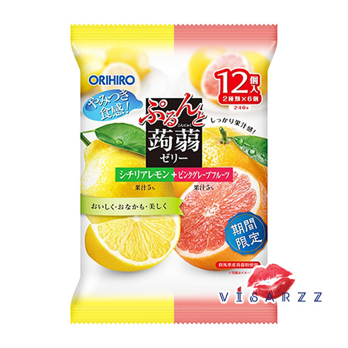 (ห่อใหญ่ Lemon + Pink Grapefruit เลม่อน ส้มโอ) Orihiro Jelly 240g (20g x 12 ชิ้น) โอริฮิโระ เยลลี่บุกผสมกับน้ำผลไม้เข้นข้นจากประเทศญี่ปุ่น แคลลอรี่ต่ำ ทานง่าย เพียงฉีกจากซอง