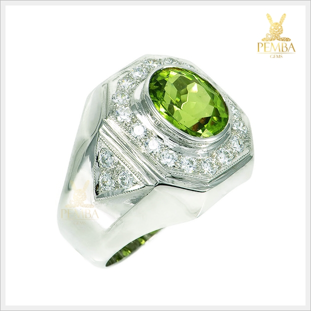 แหวนเพริดอตแท้ อัญมณีสีเขียวใบไม้อ่อน เงินแท้ ชุบทองคำขาว