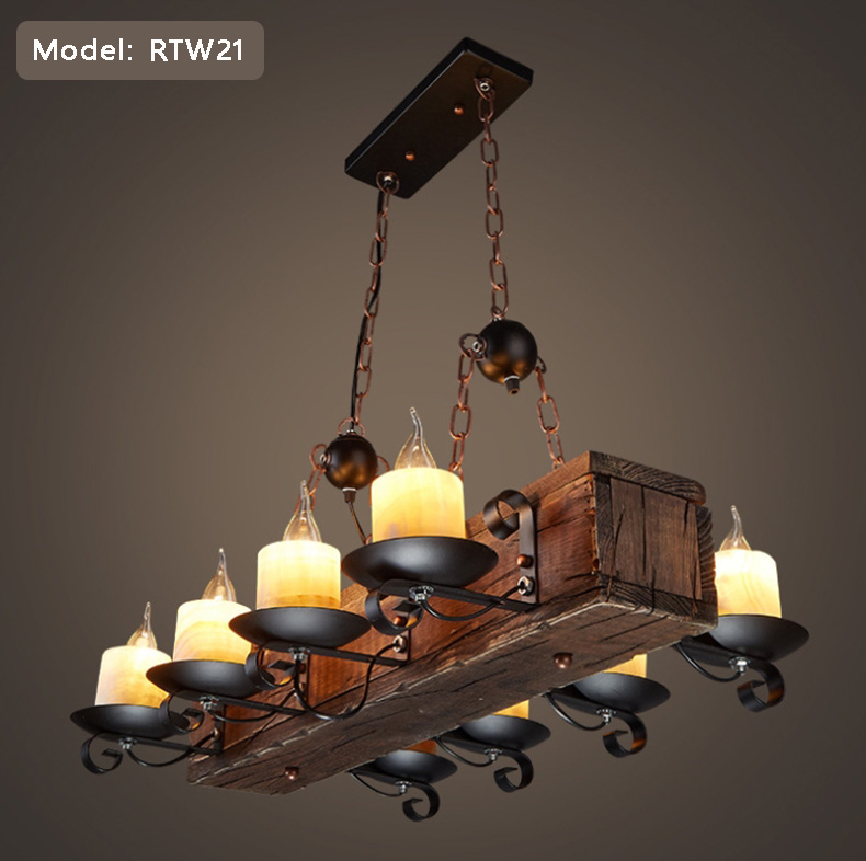 โคมไฟแขวนเพดานไม้หมอนสไตล์ Rustic ตกแต่งแท่งเทียนแก้วขาวขุ่น 8 ดวง พร้อมสายโซ่ห้อย [RTW21]