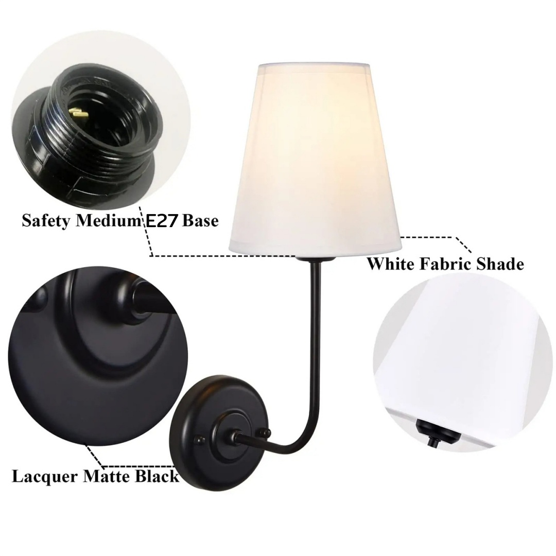 โคมไฟติดผนังภายในสไตล์อเมริกันคลาสสิคก้านทรงตัว L โป๊ะผ้าสีขาว [FB-0228]