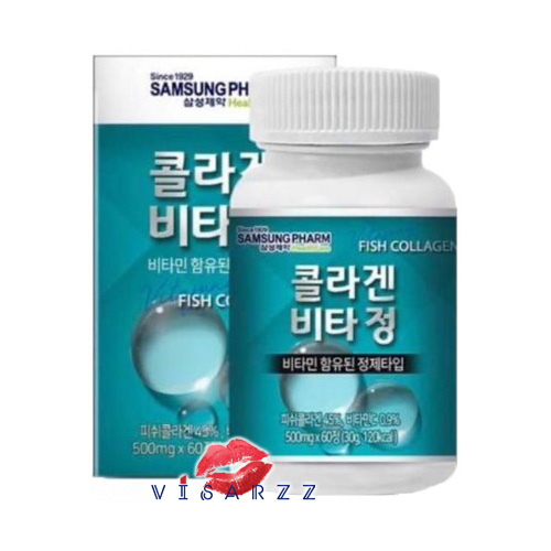 (Exp03/23 กล่องฟ้า) Samsung Pharm Fish Collagen 500mg 60 เม็ด คอลลาเจนเกาหลี คอลลาเจนจากปลา ช่วยฟื้นฟูผิวหน้า ปรับสีผิวให้ดูขาวกระจ่างใส ผิวพรรณเรียบเนียนสม่ำเสมอ