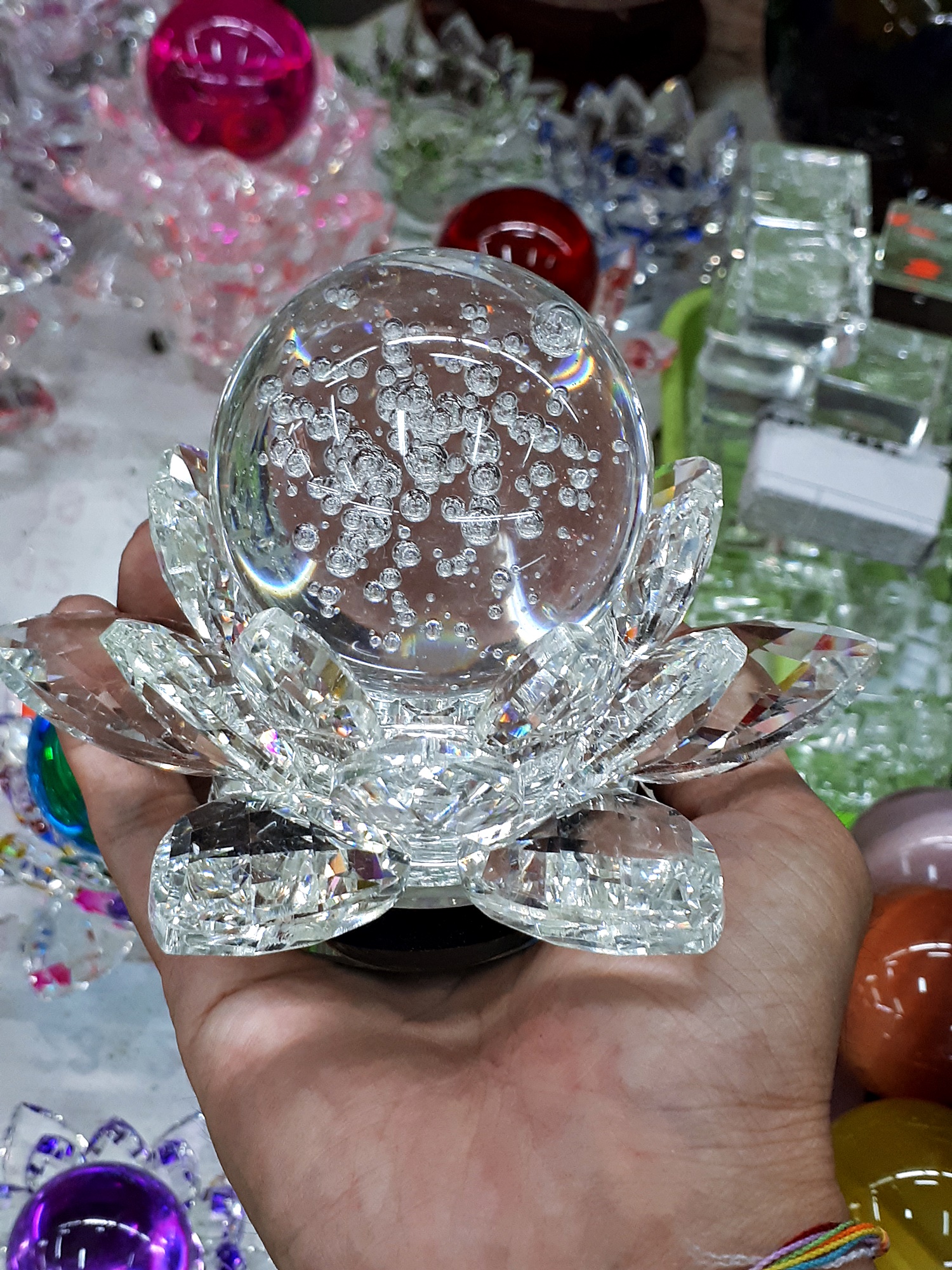 ฐานวางลูกแล้ว ขาตั้งที่วางลูกแก้ว ฐานคริสตัลกลีบดอกบัว2ชั้น คละสีต่างๆ หลากสี หลายขนาด (ขายปลีก ขายส่ง)