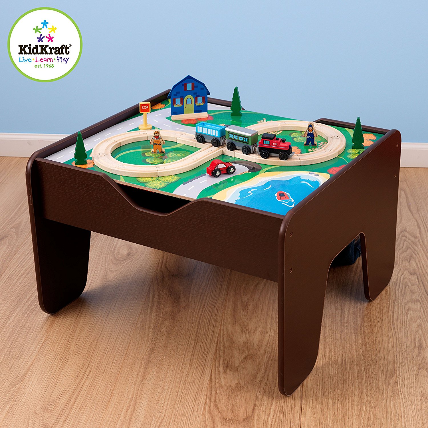 โต๊ะกิจกรรมสำหรับเลโก้พร้อมชุดรถไฟ Kidkraft 2-in-1 Activity Table with LEGO-Compatible Board and Train Set (Espresso)