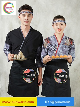ชุดซูชิกิโมโนสไตร์ญี่ปุ่นเสริฟ สำหรับห้องอาหารญี่ปุ่นเกาหลีจีน เสื้อเชฟ พ่อครัว บริกร G6412003 สีภาพ S-2XL