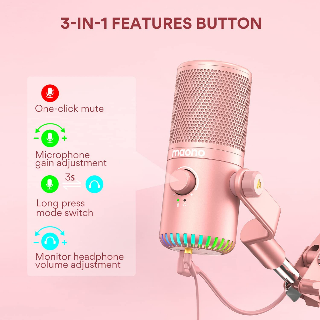 ส่งฟรี MAONO DM30 RGB Pink USB Condenser Microphone สําหรับ PC คอมพิวเตอร์ โทรศัพท์มือถือ เล่นเกม บันทึก ถ่ายทอดสด