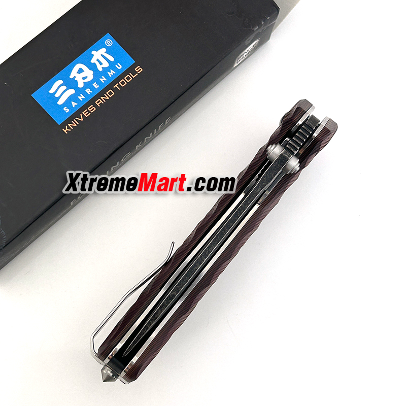 มีดพับ SANRENMU 1005 SRM-1005-GX ใบมีดสแตนเลส 9cr14mov ด้ามG10 ใบสีดำด้ามน้ำตาล จุดหมุนระบบตลับลูกปืน(Ball Bearing) เปิด-ปิด ลื่นมาก
