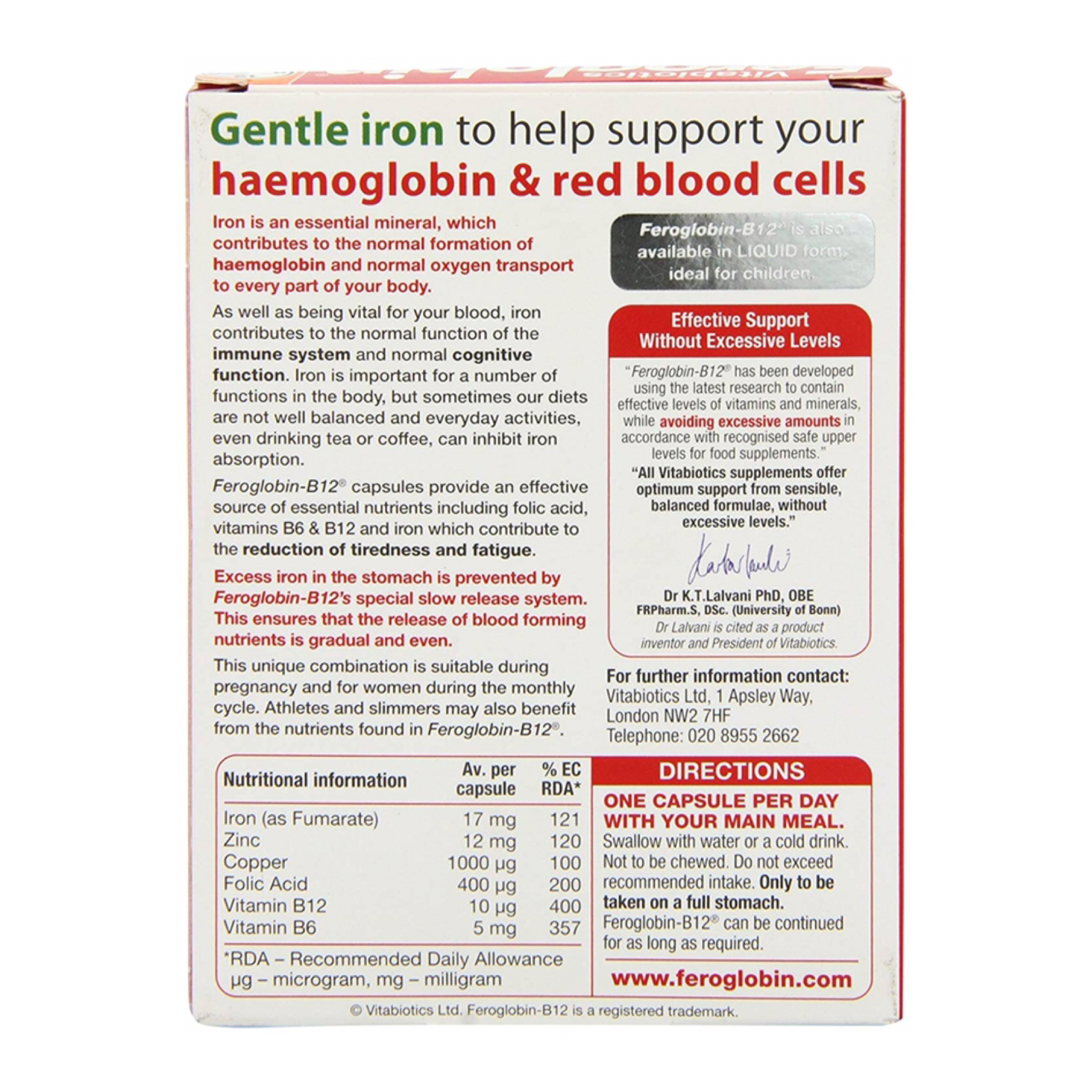 ธาตุเหล็กชนิดเม็ดสำหรับผู้ใหญ่ Vitabiotics Feroglobin Capsules