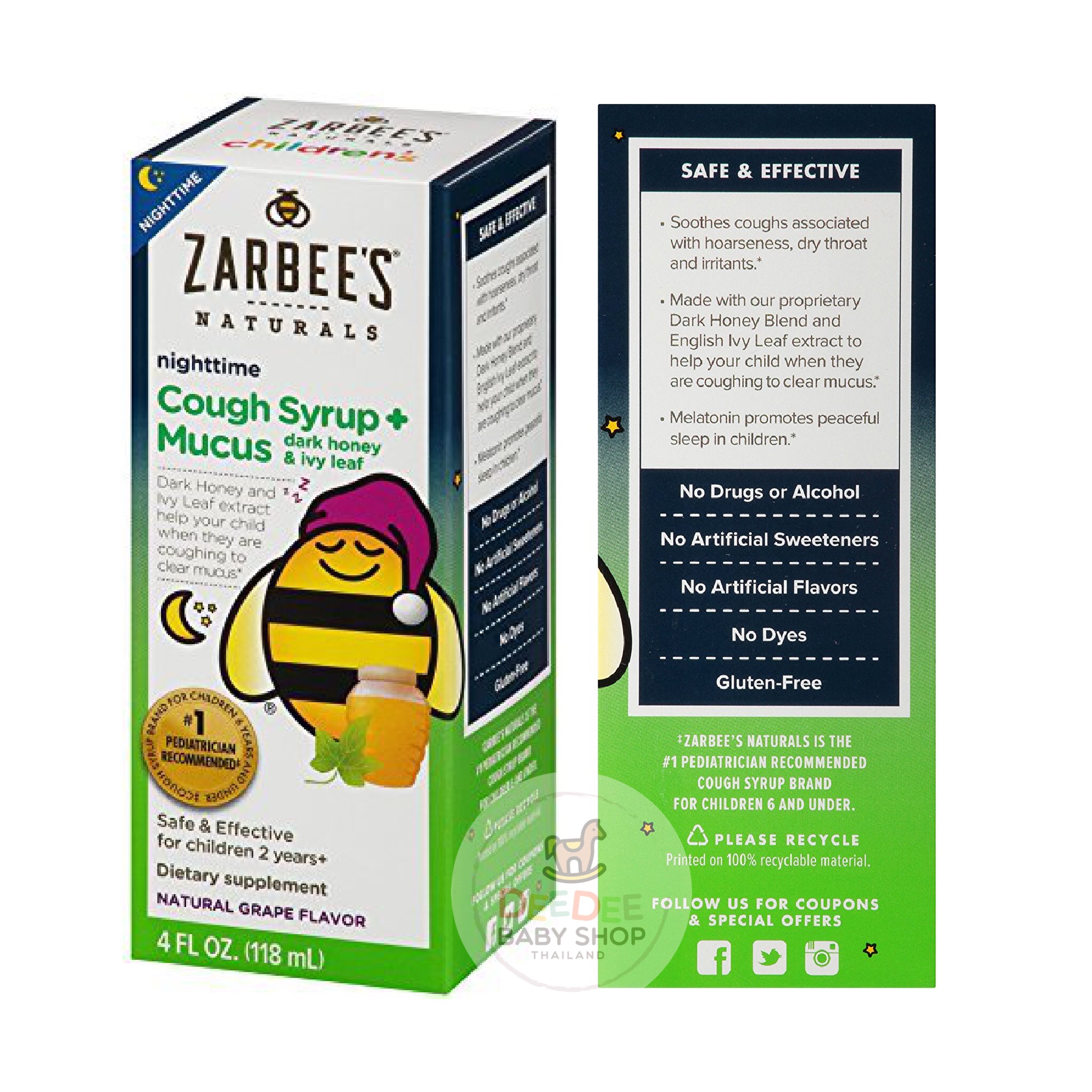 สมุนไพรบรรเทาอาการไอและลดน้ำมูกสำหรับช่วงเวลากลางคืน ZARBEE'S Naturals Children's Nighttime Cough Syrup + Mucus Dark Honey & Ivy Leaf