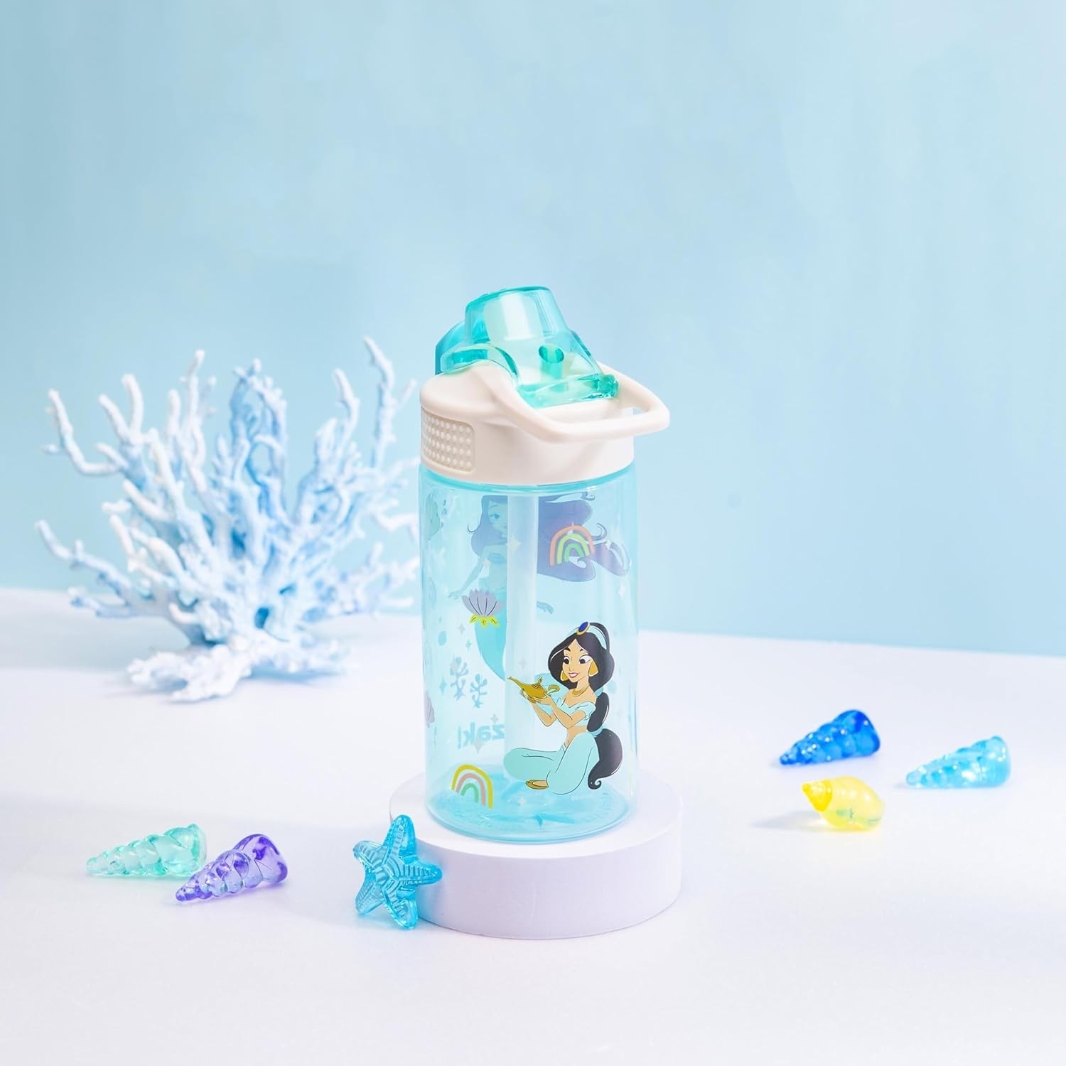 กระติกน้ำพร้อมหลอดดื่มสำหรับเด็ก Zak! Disney Princess Ariel & Jasmine 16 Oz. Sage Covered Spout Bottle