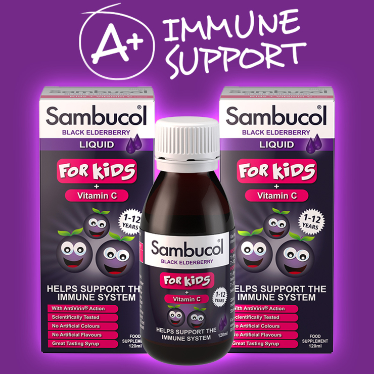 วิตามินเสริมสร้างภูมิคุ้มกันผสมวิตามินซี Sambucol Black Elderberry Liquid for Kids + Vitamin C (230ml)