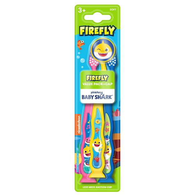 แปรงสีฟันสำหรับเด็กพร้อมฐานตั้งสูญญากาศ FireFly Baby Shark Suction Cup Toothbrush (3-Pack)