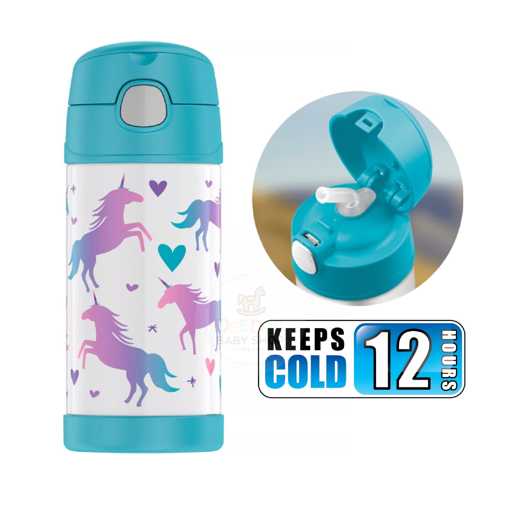 กระติกน้ำสเตนเลสรักษาอุณหภูมิ Thermos Unicorn FUNtainer Vacuum Insulated Stainless Steel Bottle 12OZ (Teal/White)