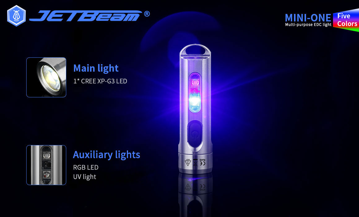 ไฟฉายขนาดเล็ก JetBeam MINI ONE หลอด XP-G3 500lumen 5สี แสงขาว + RGB + UV Type-C fast Charging