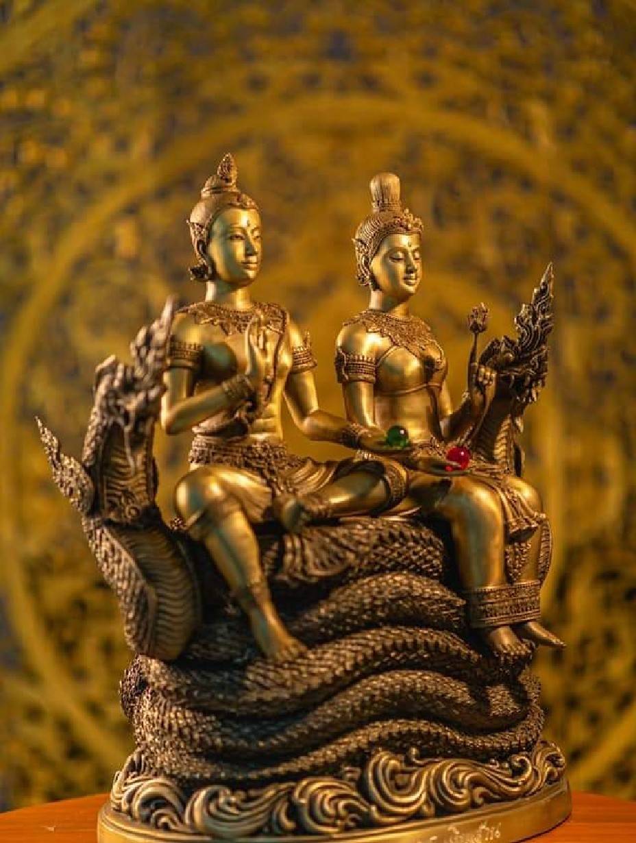 รูปหล่อ พญานาคราชคู่ (ท่านปู่นาคา-ปู่ศรีสุทโธ ท่านยานาคี-ศรีปทุมวัน) นั่งบัลลังก์ เนื้อโลหะทองเหลือง (หน้าตัก 9นิ้ว)