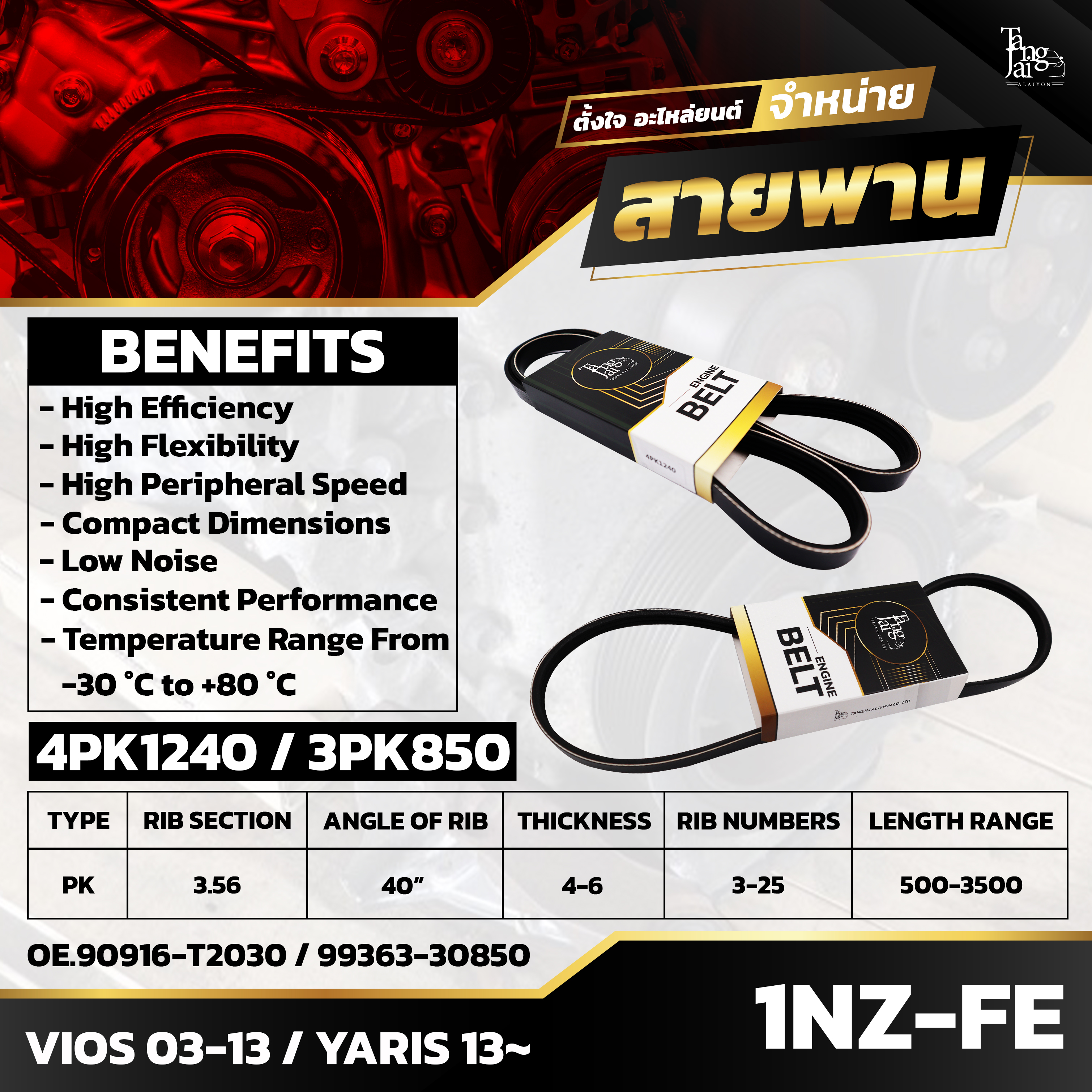 สายพานหน้าเครื่อง TOYOTA VIOS 02-07 GEN 1 / VIOS 14-15 GEN 3 1NZ-FE 4PK1240/3PK850 BY TANGJAI (ราคา 2 เส้น)