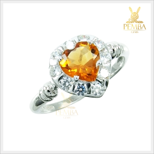 แหวนซิทรินแท้ ทรงหัวใจสุดเก๋ เงินแท้ ชุบทองคำขาว แหวนพลอยแท้