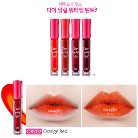 Etude House Dear Darling Tint # OR202 Orange Red ทิ๊นต์เนื้อเจลรุ่นปรับปรุงใหม่ ที่ออกแบบมาให้สีสวยสดแจ่มชัด แต่ยังคงความชุ่มชิ้นให้กันริมฝีปากไม่ทำให้ริมฝีปากแห้งแตก