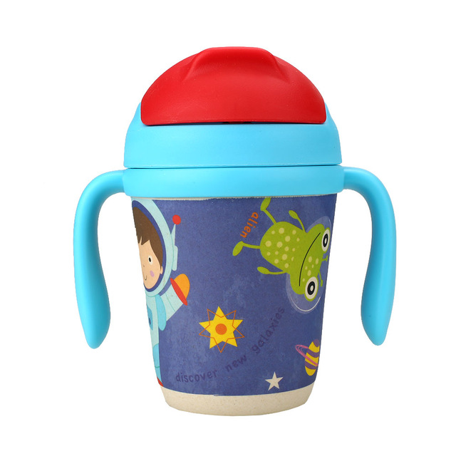 แก้วบรรจุเครื่องดื่มแบบหลอดพร้อมมือจับชนิดปลอดสารพิษ Yookidoo Natural Bamboo Fibre Straw Cup (Space Adventure)