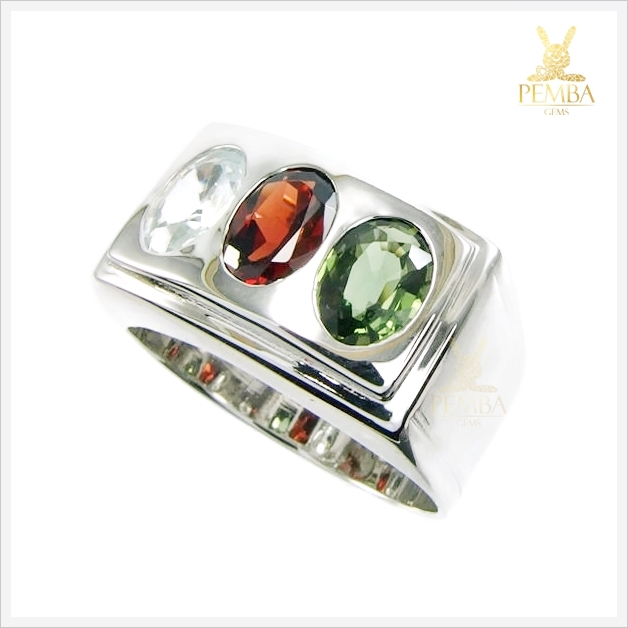 แหวนพลอยแท้ 3 สี เงินแท้925 ชุบทองคำขาว เสริมโชคลาภ แหวนพลอยแท้