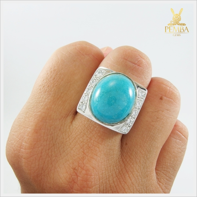 แหวนเทอร์คอยส์แท้ เงินแท้925 ชุบทองคำขาว แหวนพลอยแท้