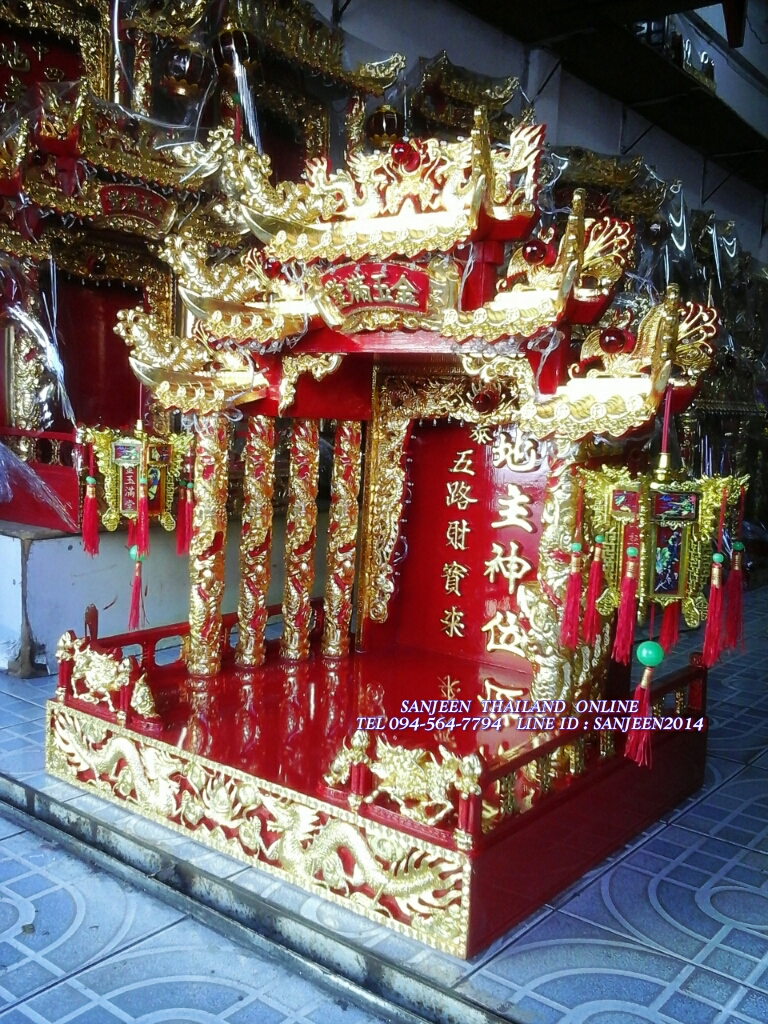 ตี่จู้เอี๊ยะ ๒๗ นิ้ว ๕หลังคา ๘เสามังกรพันเสา ปิดทองคำเปลวเต็ม