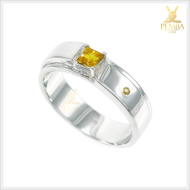 แหวนบุษราคัมแท้ ทรงสี่เหลี่ยม เงินแท้925 ชุบทองคำขาว อัญมณีสีเหลืองใสสด