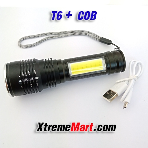 ไฟฉายซูม T6+COB 38000W 450Lumens 4 โหมด Front & Side Lights Zoomable Tactical LED Flashlight