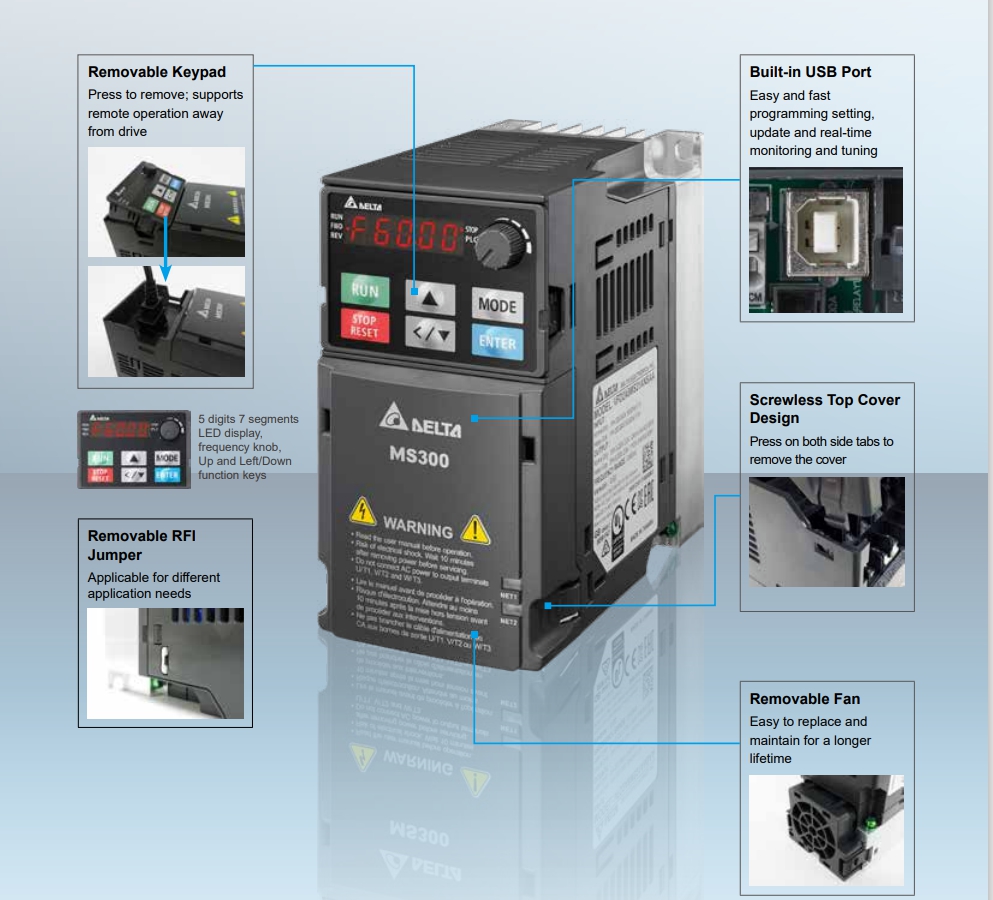 Delta MS300 VFD13AMS43ANSAA 7.5HP 5.5kW Input 3-Phase 380V Output 3-Phase 380V